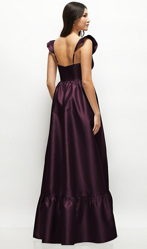 Back View - Deep Plum Satin Corset Maxi Dress with Ruffle Straps & Skirt