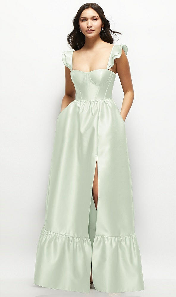 Front View - Mint Green Satin Corset Maxi Dress with Ruffle Straps & Skirt