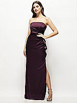 Alt View 1 Thumbnail - Deep Plum Strapless Draped Skirt Satin Maxi Dress with Cascade Ruffle