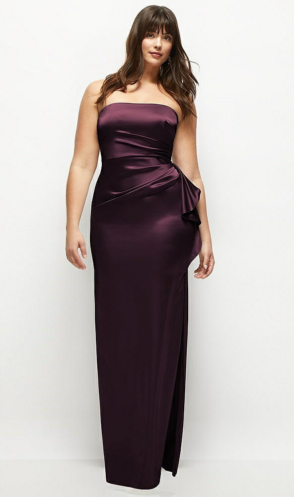 Front View - Deep Plum Strapless Draped Skirt Satin Maxi Dress with Cascade Ruffle