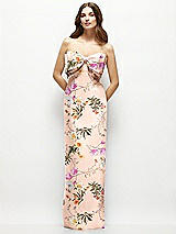 Alt View 2 Thumbnail - Butterfly Botanica Pink Sand Strapless Floral Satin Column Maxi Dress with Oversized Bow