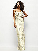 Front View Thumbnail - Butter Yellow Floral Strapless Floral Satin Column Maxi Dress with Oversized Bow