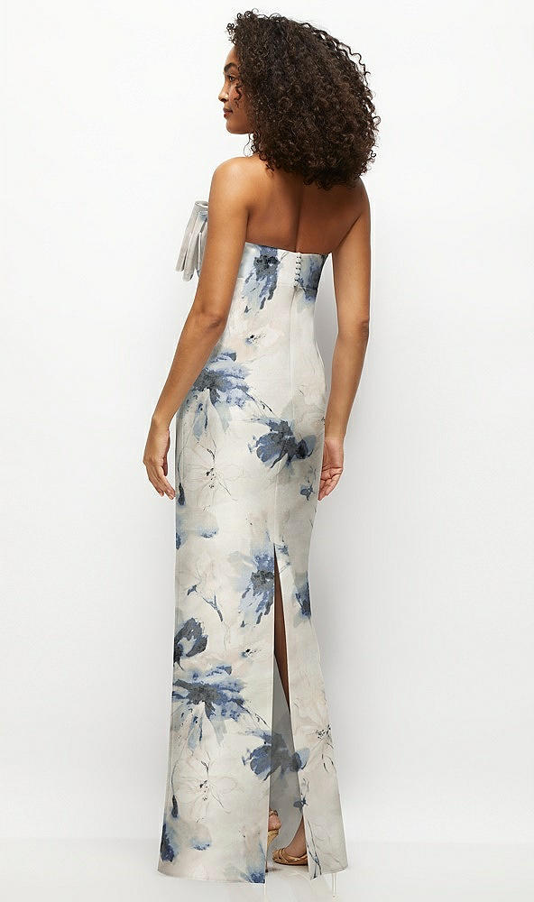Back View - Inkwash Blue Floral Strapless Floral Satin Column Maxi Dress with Oversized Bow