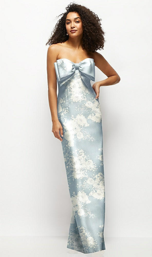 Front View - Porcelain Blue Seraphina Floral Strapless Floral Satin Column Maxi Dress with Oversized Bow