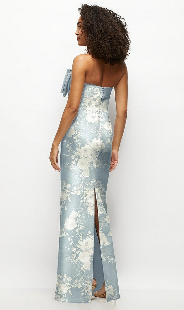 Back View - Porcelain Blue Seraphina Floral Strapless Floral Satin Column Maxi Dress with Oversized Bow