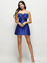 Front View Thumbnail - Cobalt Blue Strapless Bell Skirt Satin Mini Dress with Oversized Bow