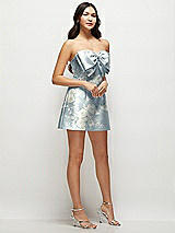Side View Thumbnail - Porcelain Blue Seraphina Floral Strapless Bell Skirt Floral Satin Mini Dress with Oversized Bow