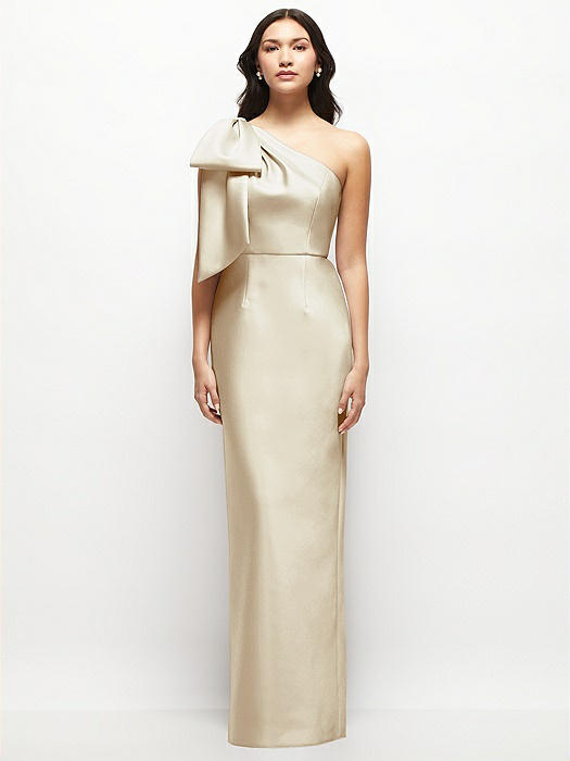 Oversized Bow One-Shoulder Satin Column Maxi Dress