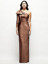 Front View Thumbnail - Cognac Oversized Bow One-Shoulder Satin Column Maxi Dress