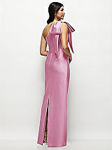 Rear View Thumbnail - Powder Pink Oversized Bow One-Shoulder Satin Column Maxi Dress