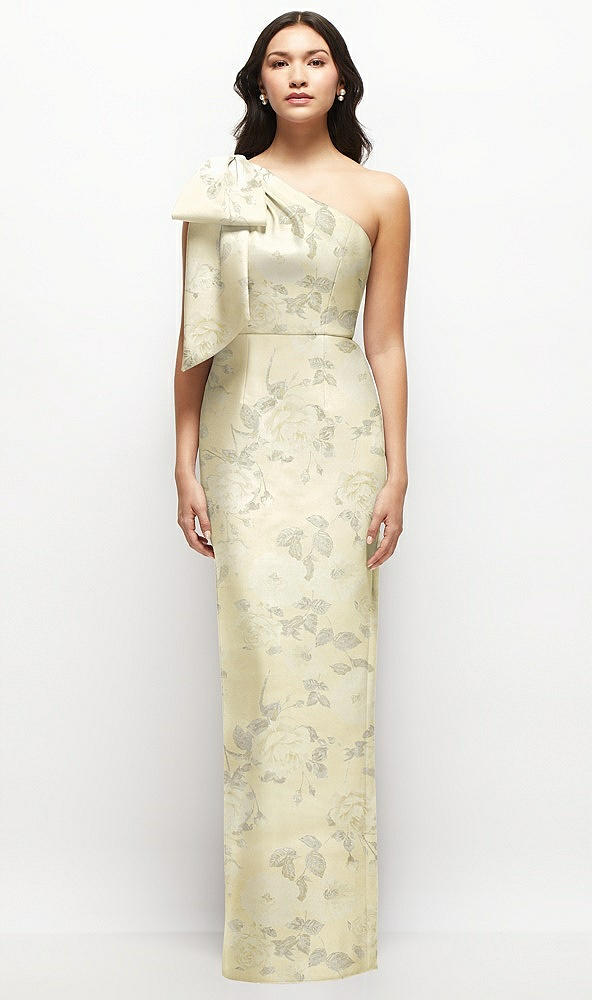 Front View - Butter Yellow Floral Oversized Bow One-Shoulder Floral Satin Column Maxi Dress