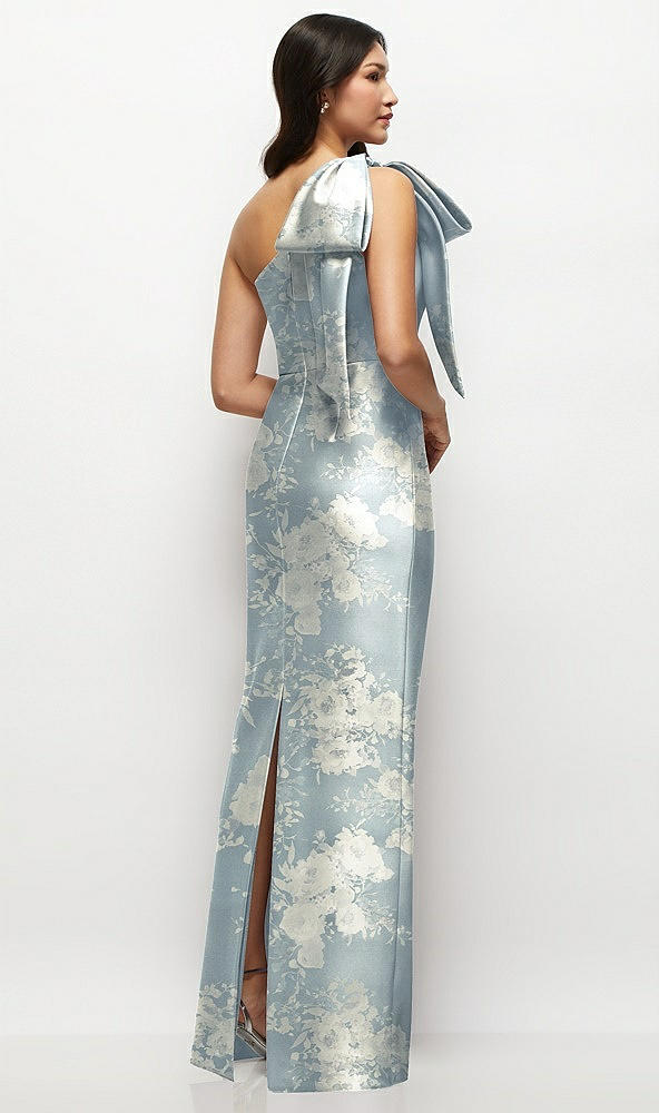 Back View - Porcelain Blue Seraphina Floral Oversized Bow One-Shoulder Floral Satin Column Maxi Dress