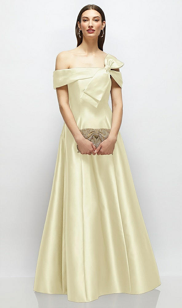 Front View - Butter Yellow Asymmetrical Bow Off-Shoulder Satin Gown with Ballroom Skirt