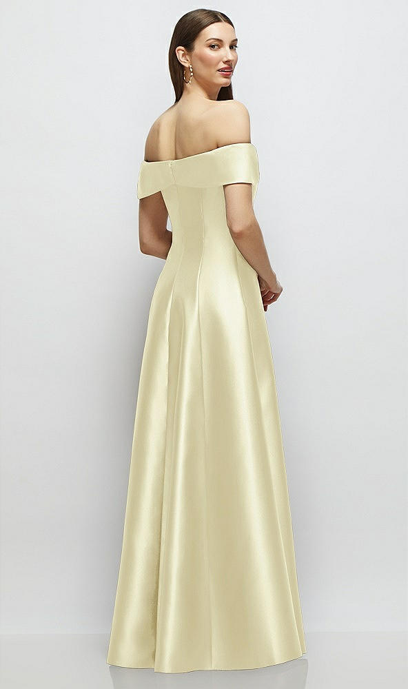 Back View - Butter Yellow Asymmetrical Bow Off-Shoulder Satin Gown with Ballroom Skirt