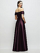 Rear View Thumbnail - Deep Plum Asymmetrical Bow Off-Shoulder Satin Gown with Ballroom Skirt