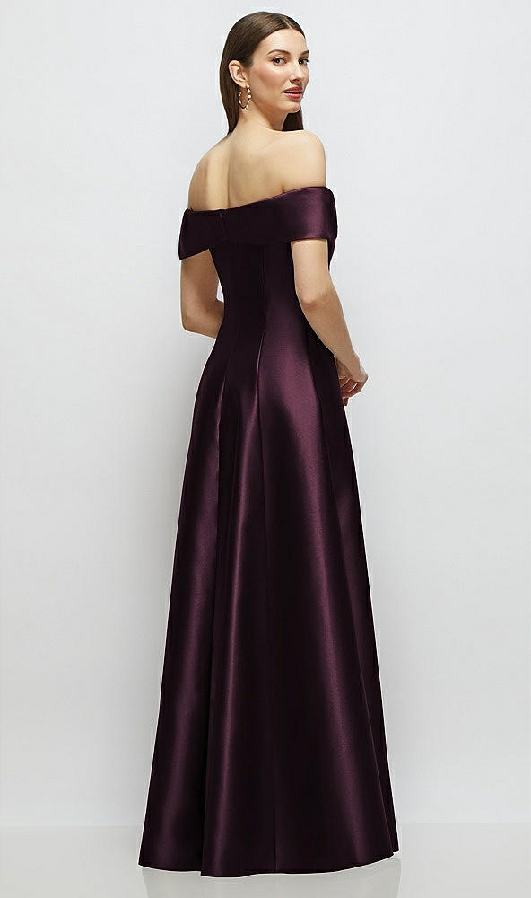 Back View - Deep Plum Asymmetrical Bow Off-Shoulder Satin Gown with Ballroom Skirt