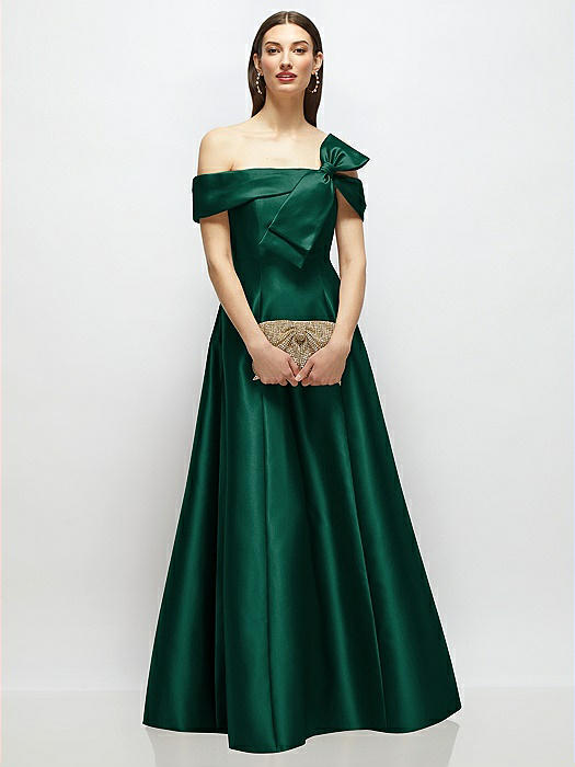 Asymmetrical Bow Off-Shoulder Satin Gown with Ballroom Skirt