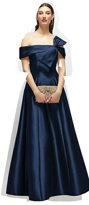 Asymmetrical Bow Off-Shoulder Satin Gown with Ballroom Skirt