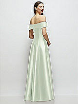 Rear View Thumbnail - Mint Green Asymmetrical Bow Off-Shoulder Satin Gown with Ballroom Skirt