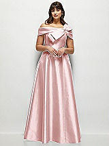 Alt View 1 Thumbnail - Ballet Pink Asymmetrical Bow Off-Shoulder Satin Gown with Ballroom Skirt