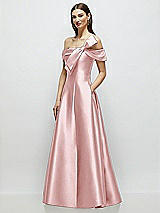 Side View Thumbnail - Ballet Pink Asymmetrical Bow Off-Shoulder Satin Gown with Ballroom Skirt