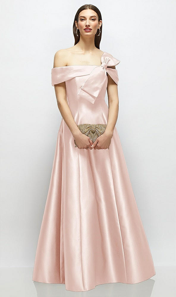 Front View - Blush Asymmetrical Bow Off-Shoulder Satin Gown with Ballroom Skirt