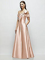 Side View Thumbnail - Cameo Asymmetrical Bow Off-Shoulder Satin Gown with Ballroom Skirt