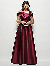 Alt View 1 Thumbnail - Cabernet Asymmetrical Bow Off-Shoulder Satin Gown with Ballroom Skirt
