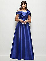Alt View 1 Thumbnail - Cobalt Blue Asymmetrical Bow Off-Shoulder Satin Gown with Ballroom Skirt