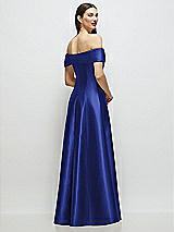 Rear View Thumbnail - Cobalt Blue Asymmetrical Bow Off-Shoulder Satin Gown with Ballroom Skirt