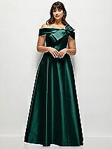 Alt View 1 Thumbnail - Evergreen Asymmetrical Bow Off-Shoulder Satin Gown with Ballroom Skirt