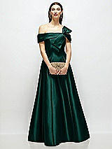 Front View Thumbnail - Evergreen Asymmetrical Bow Off-Shoulder Satin Gown with Ballroom Skirt