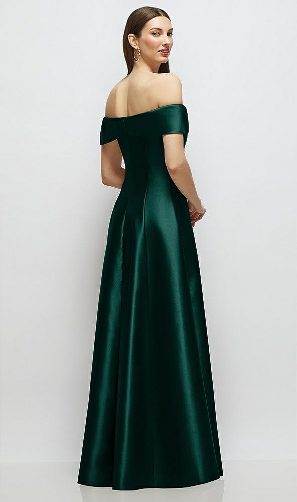 Back View - Evergreen Asymmetrical Bow Off-Shoulder Satin Gown with Ballroom Skirt