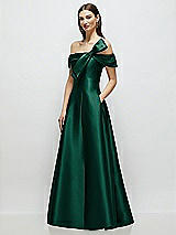 Side View Thumbnail - Hunter Green Asymmetrical Bow Off-Shoulder Satin Gown with Ballroom Skirt
