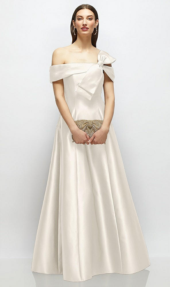 Front View - Ivory Asymmetrical Bow Off-Shoulder Satin Gown with Ballroom Skirt