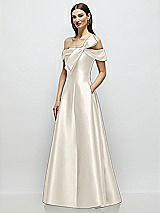 Side View Thumbnail - Ivory Asymmetrical Bow Off-Shoulder Satin Gown with Ballroom Skirt
