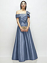 Front View Thumbnail - Larkspur Blue Asymmetrical Bow Off-Shoulder Satin Gown with Ballroom Skirt
