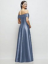 Rear View Thumbnail - Larkspur Blue Asymmetrical Bow Off-Shoulder Satin Gown with Ballroom Skirt