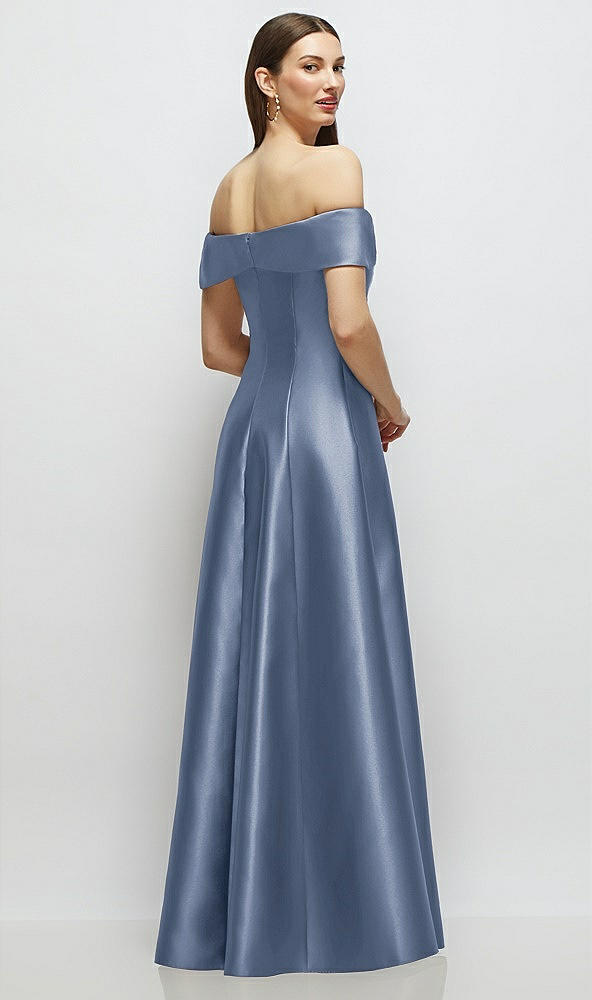 Back View - Larkspur Blue Asymmetrical Bow Off-Shoulder Satin Gown with Ballroom Skirt