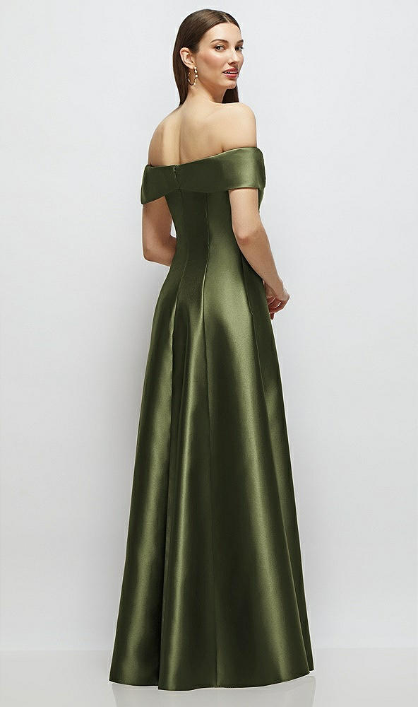 Back View - Olive Green Asymmetrical Bow Off-Shoulder Satin Gown with Ballroom Skirt