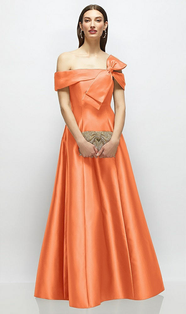 Front View - Portofino Orange Asymmetrical Bow Off-Shoulder Satin Gown with Ballroom Skirt