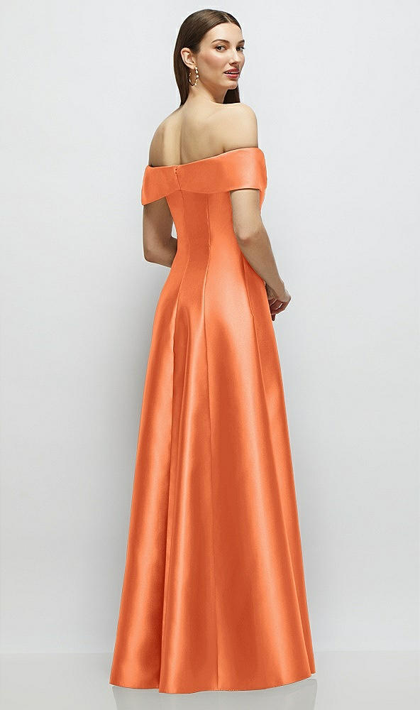 Back View - Portofino Orange Asymmetrical Bow Off-Shoulder Satin Gown with Ballroom Skirt