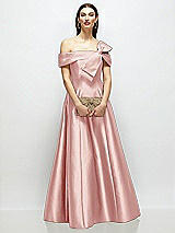 Front View Thumbnail - Rose Asymmetrical Bow Off-Shoulder Satin Gown with Ballroom Skirt