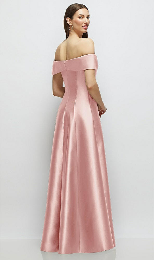 Back View - Rose Asymmetrical Bow Off-Shoulder Satin Gown with Ballroom Skirt