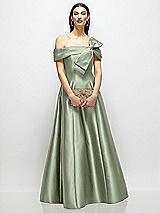 Front View Thumbnail - Sage Asymmetrical Bow Off-Shoulder Satin Gown with Ballroom Skirt