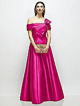 Front View Thumbnail - Think Pink Asymmetrical Bow Off-Shoulder Satin Gown with Ballroom Skirt