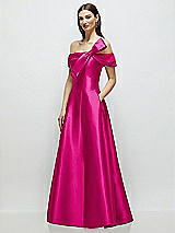Side View Thumbnail - Think Pink Asymmetrical Bow Off-Shoulder Satin Gown with Ballroom Skirt