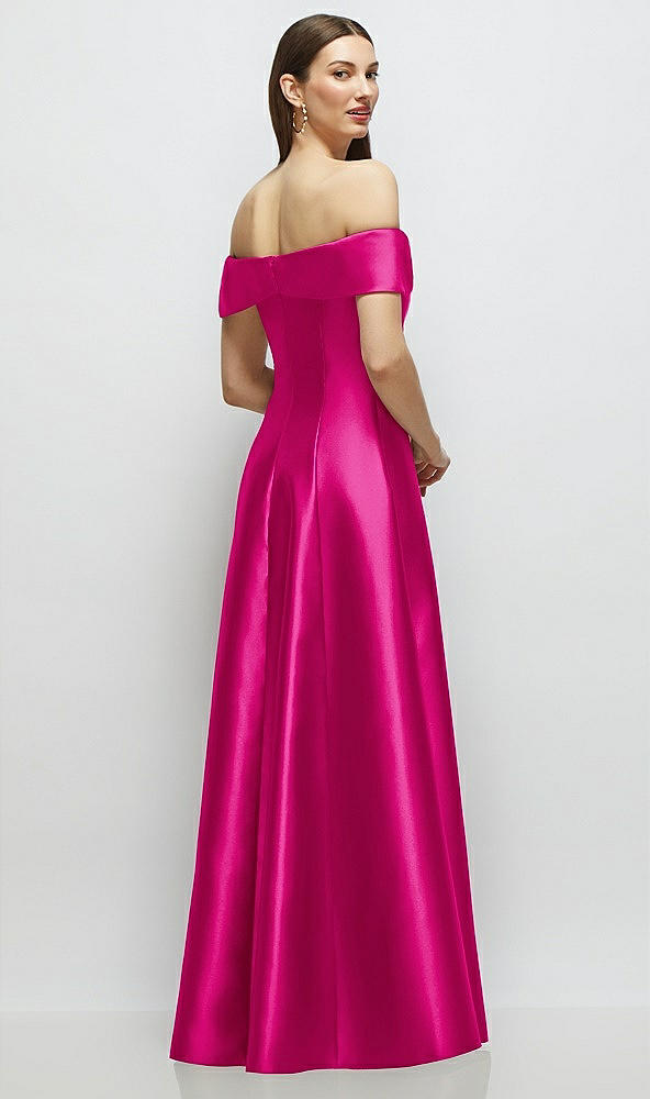 Back View - Think Pink Asymmetrical Bow Off-Shoulder Satin Gown with Ballroom Skirt