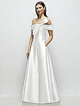 Side View Thumbnail - White Asymmetrical Bow Off-Shoulder Satin Gown with Ballroom Skirt