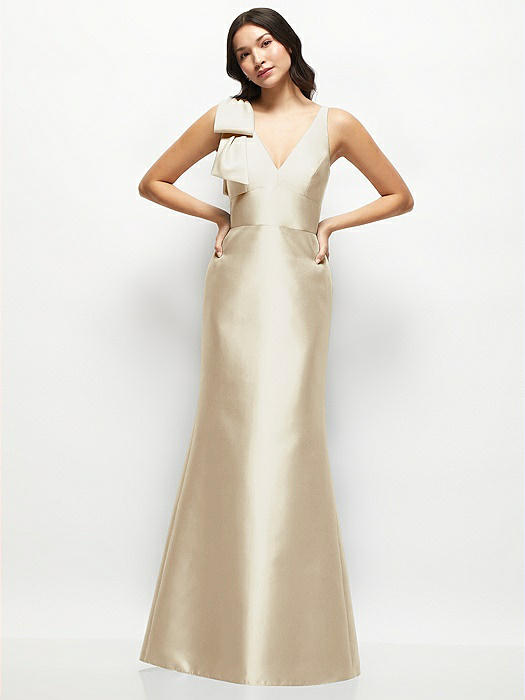 Deep V-back Satin Trumpet Dress with Cascading Bow at One Shoulder